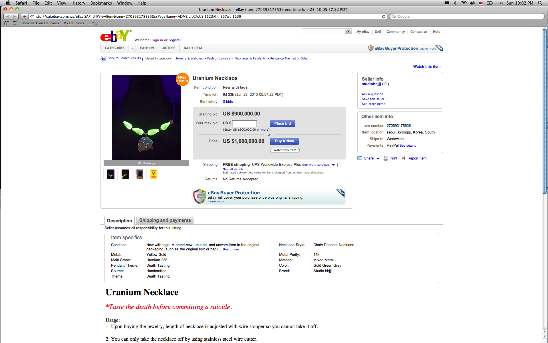 Uranium Necklace on eBay, 2010