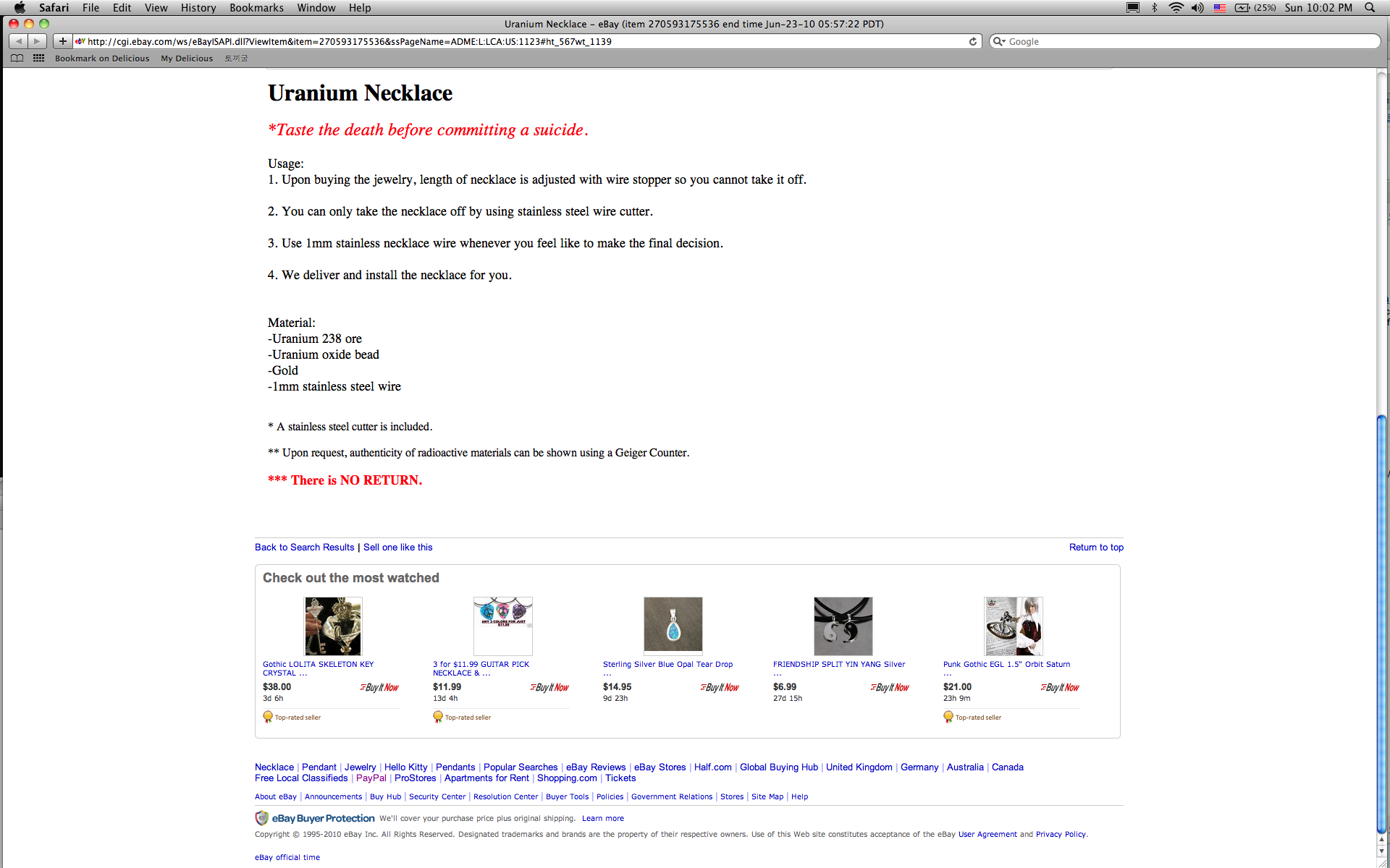 Uranium Necklace on eBay, 2010